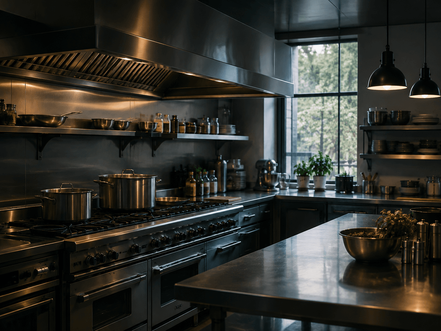 Stainless steel commercial kitchen with a range and prep island