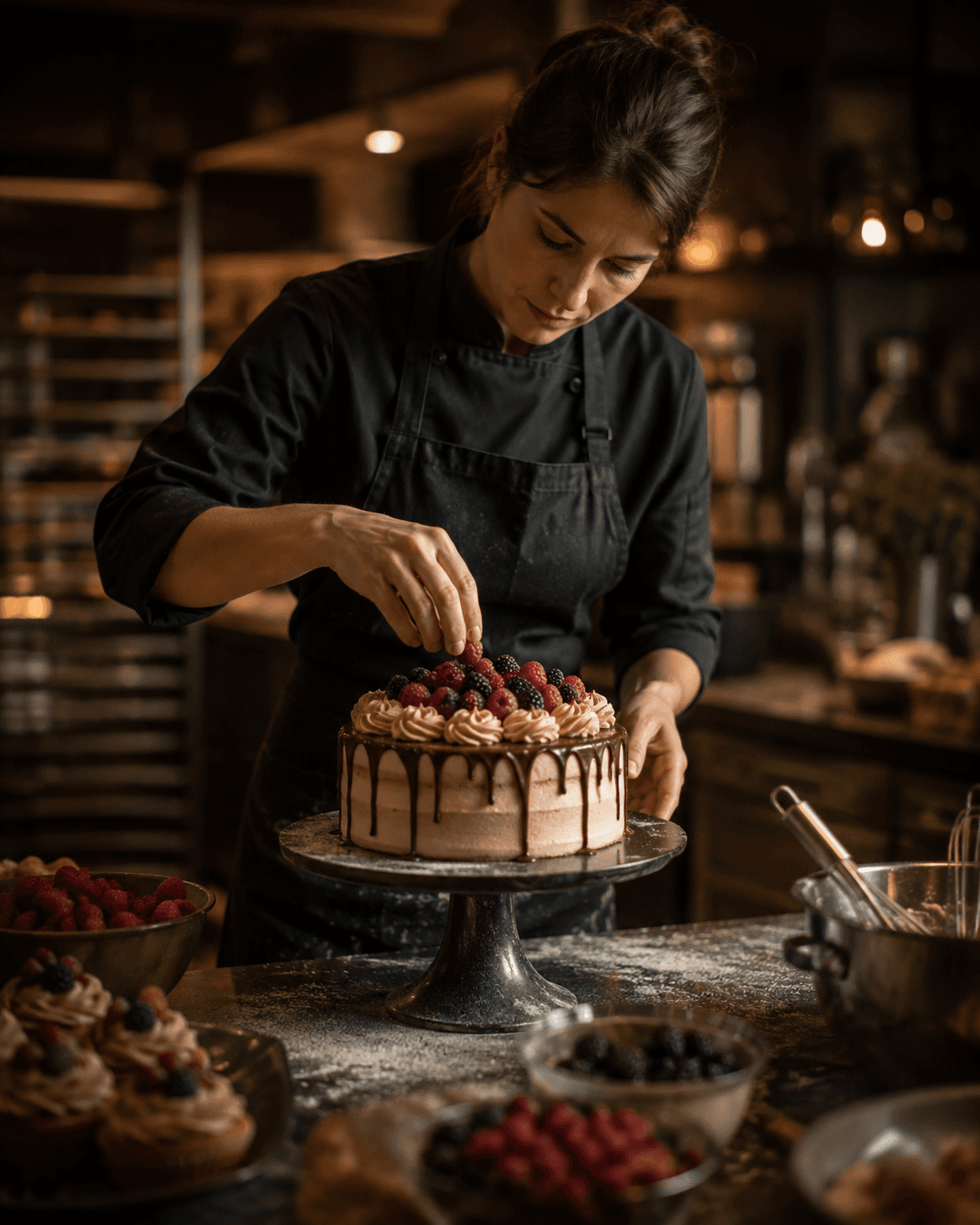 Baker decorating a layered cake with fresh berries