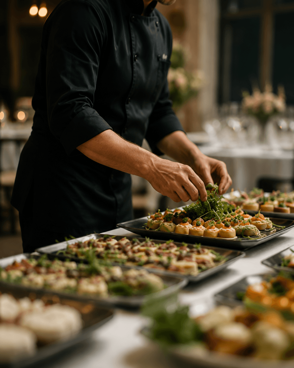 Caterer garnishing trays of appetizers before an event